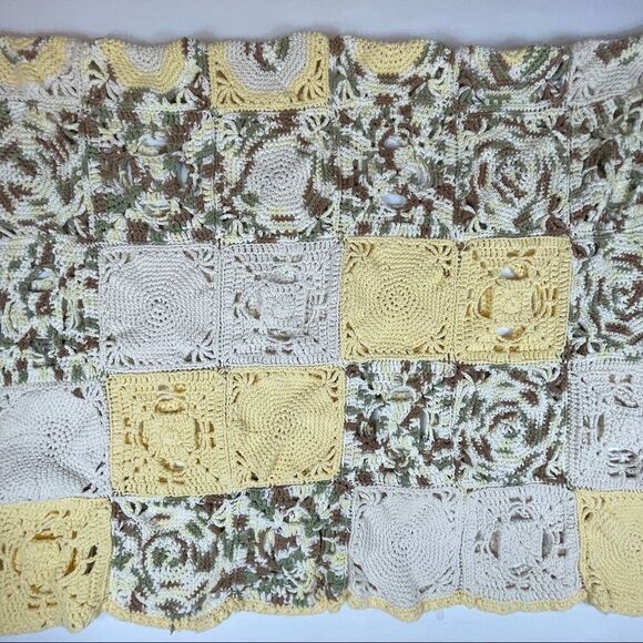 Handmade Crochet COTTON Afghan Cottage Yellow Off-White Multi Cabin 49" x 76" - Picture 4 of 8